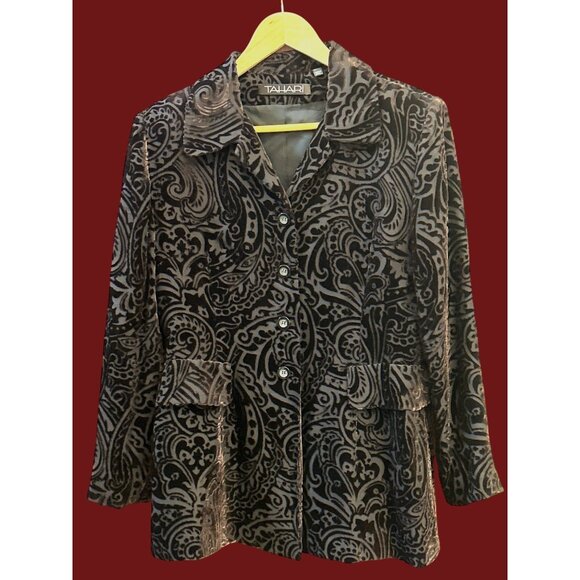Vintage Tahari Burnout Velvet Paisley Blazer Jacket Black Gray Gothic Boho 90s - Picture 1 of 7